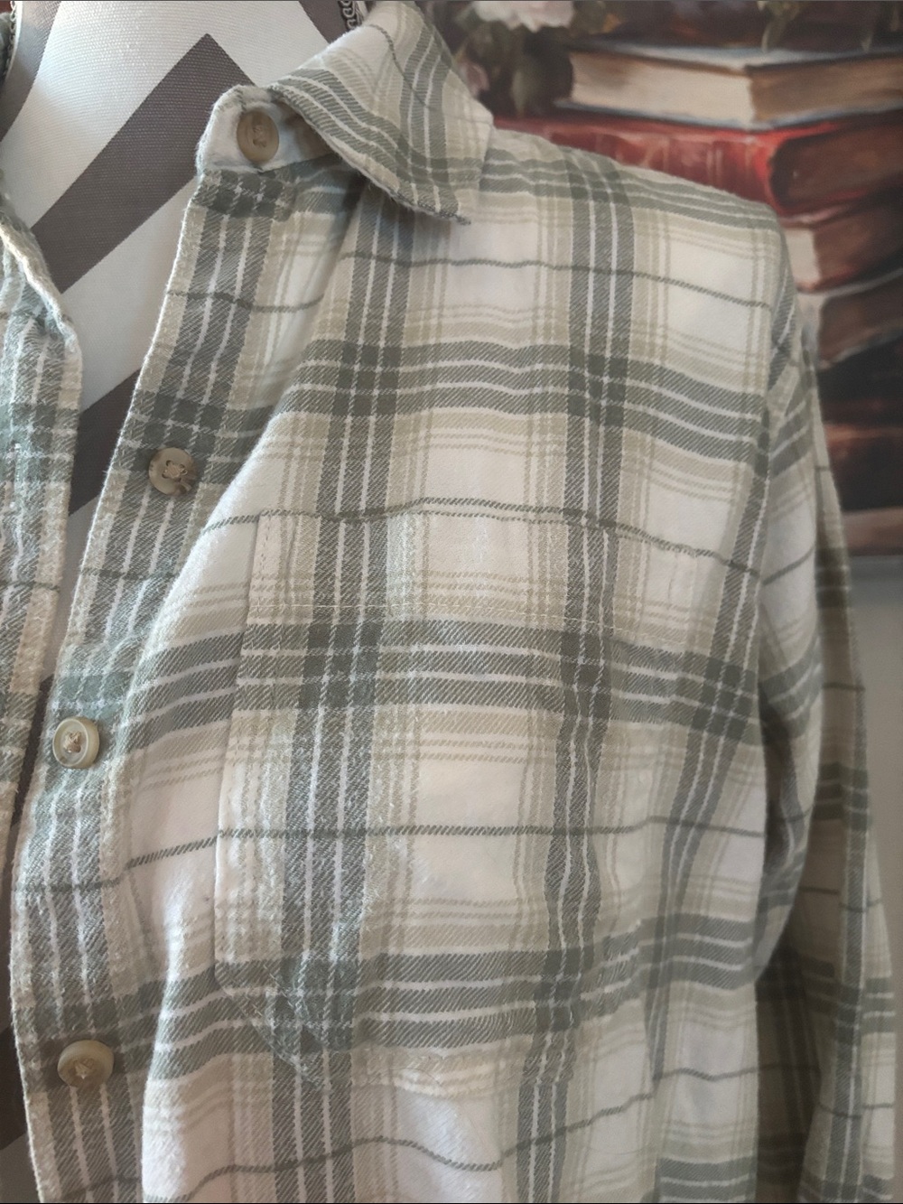 American Eagle Outfitters Green and Cream Plaid Button-Down Shirt - Picture 2 of 6